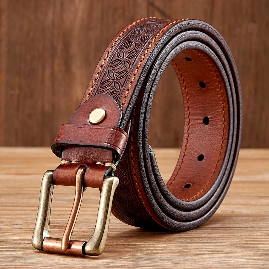 3.3cm Thick Wild Cowskin Men Belt High Quality Genuine Leather Brass Buckle Retro Strap Male Jeans Luxury Designer Belts for Man
